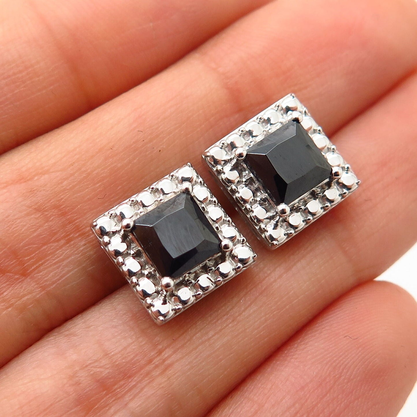 925 Sterling Silver Black C Z Pebble Design Square Stud Earrings