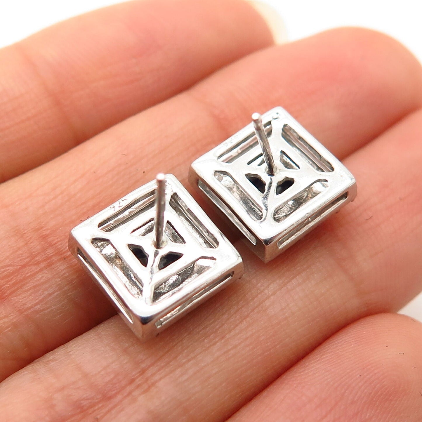 925 Sterling Silver Black C Z Pebble Design Square Stud Earrings