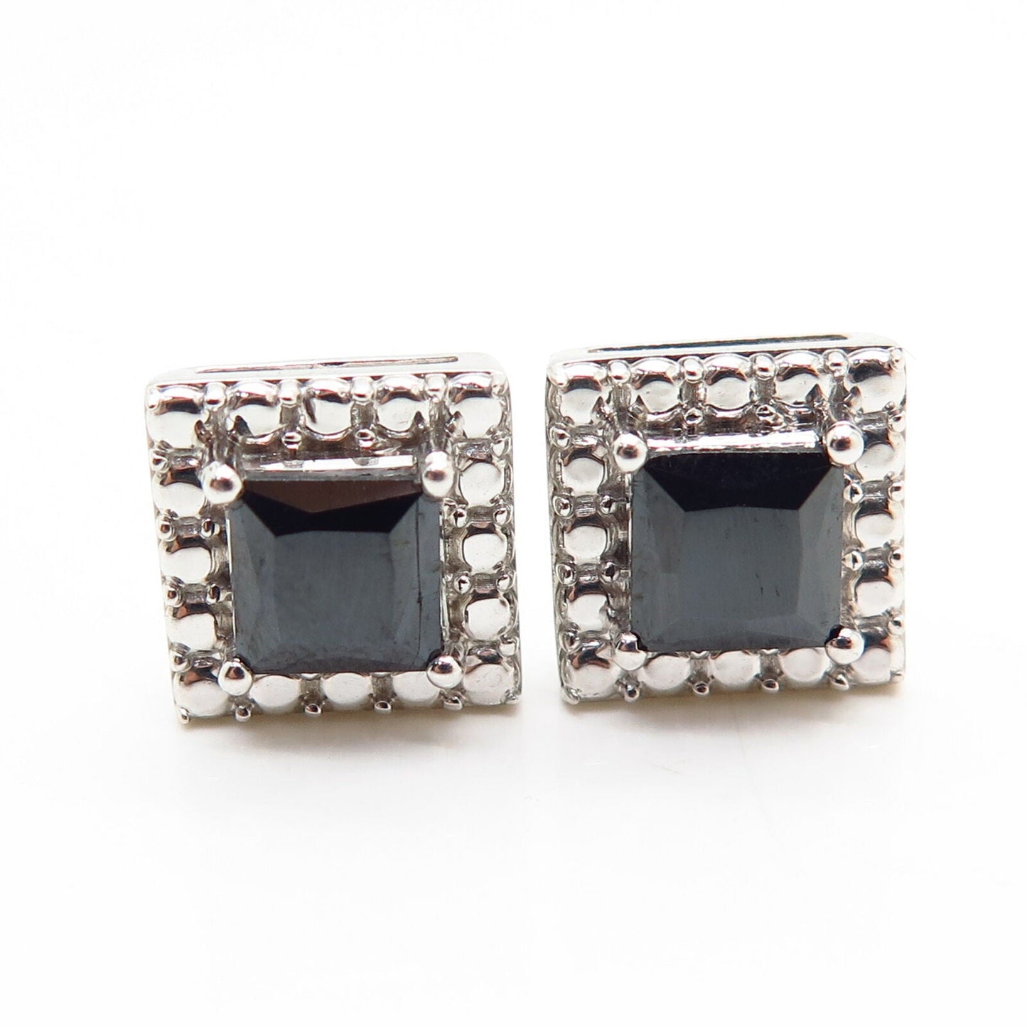 925 Sterling Silver Black C Z Pebble Design Square Stud Earrings