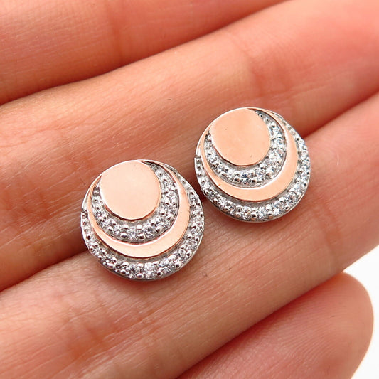 925 Sterling Silver 2-Tone C Z Round Design Stud Earrings