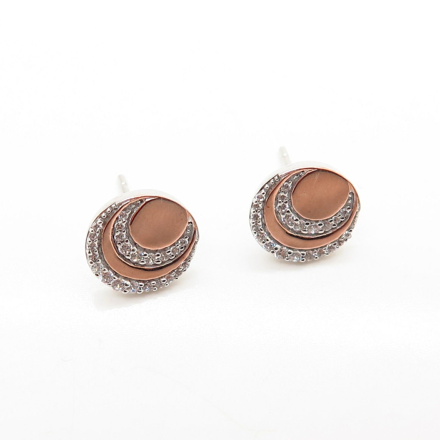 925 Sterling Silver 2-Tone C Z Round Design Stud Earrings