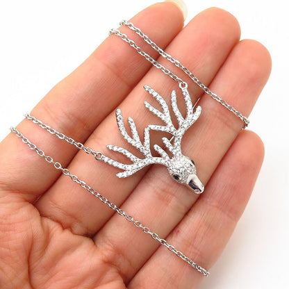 925 Sterling Silver C Z Christmas Rudolph Deer Design Chain Necklace 18-19"