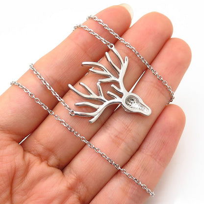 925 Sterling Silver C Z Christmas Rudolph Deer Design Chain Necklace 18-19"