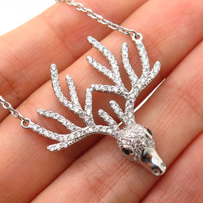 925 Sterling Silver C Z Christmas Rudolph Deer Design Chain Necklace 18-19"