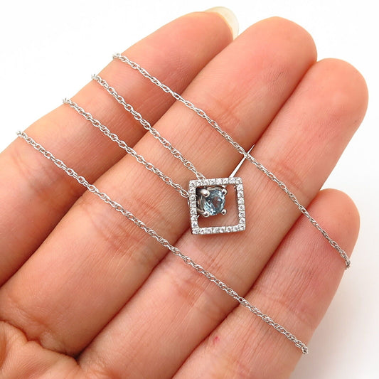 925 Sterling Silver Real Blue Topaz Gemstone & C Z Rhombus Chain Necklace 18"