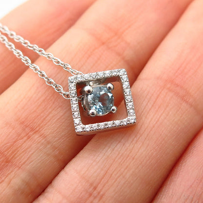 925 Sterling Silver Real Blue Topaz Gemstone & C Z Rhombus Chain Necklace 18"