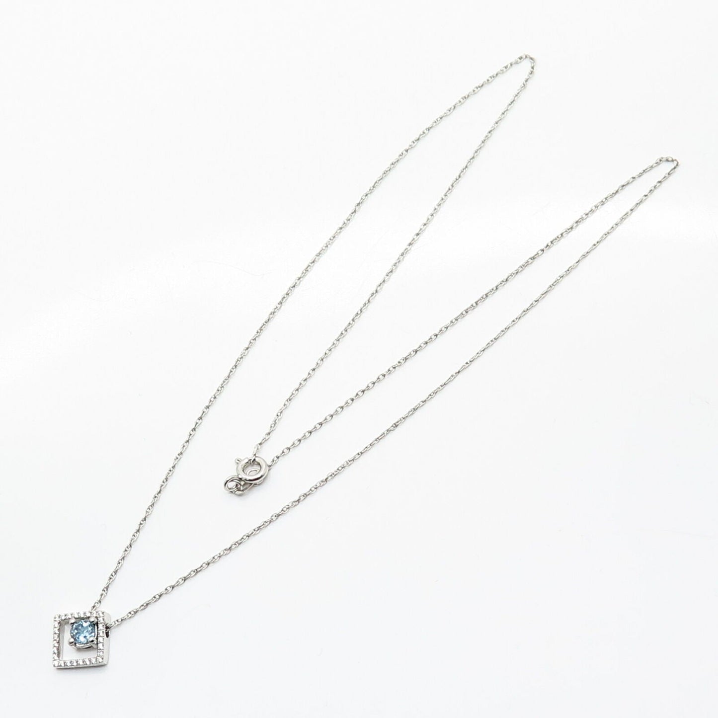 925 Sterling Silver Real Blue Topaz Gemstone & C Z Rhombus Chain Necklace 18"