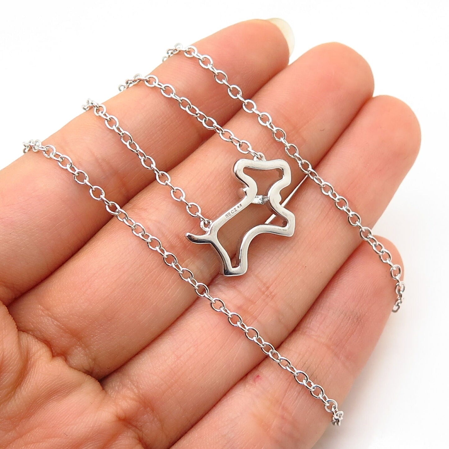 925 Sterling Silver C Z Puppy / Dog Design Cable Chain Necklace 18"