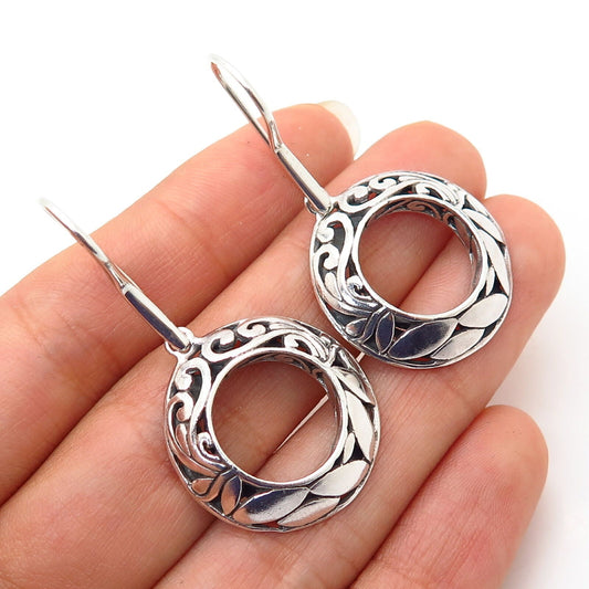 925 Sterling Silver Cutout Ornate Design Open Circle Dangling Earrings