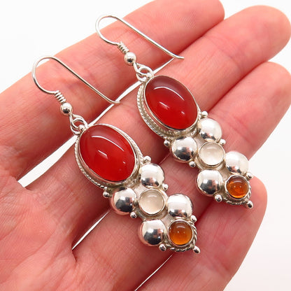 925 Sterling Silver Vintage Carnelian Clear Quartz & Citrine Gem Drop Earrings