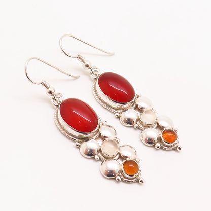 925 Sterling Silver Vintage Carnelian Clear Quartz & Citrine Gem Drop Earrings