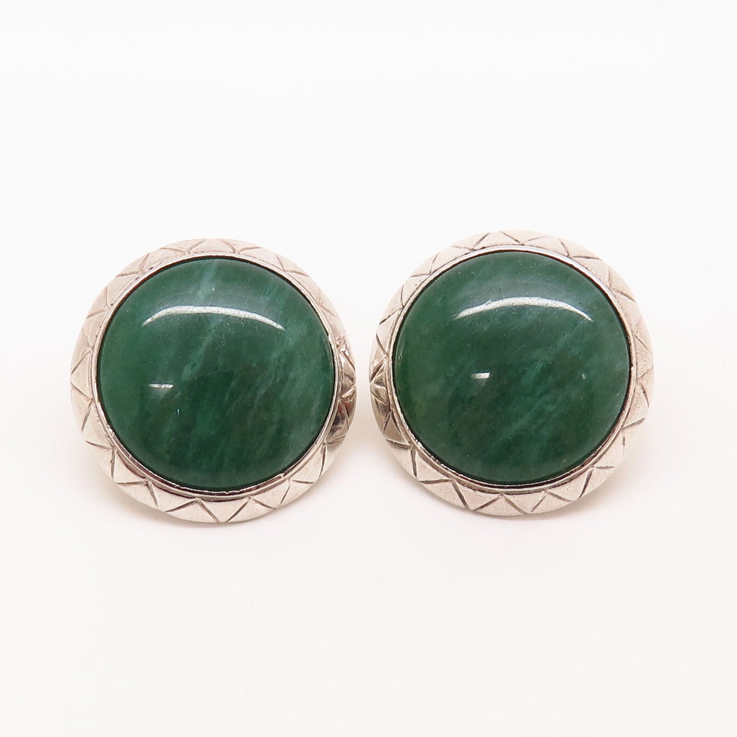 925 Sterling Silver Vintage Real Aventurine Gem Round Earrings