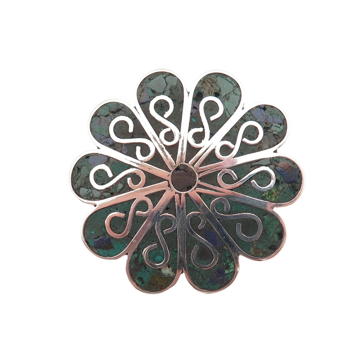 925 Sterling Silver Vintage Mexico Real Azurite Inlay Floral Pin Brooch