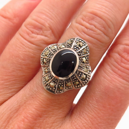 925 Sterling Silver Real Marcasite & Black Onyx Gem Ballerina Ring Size 6