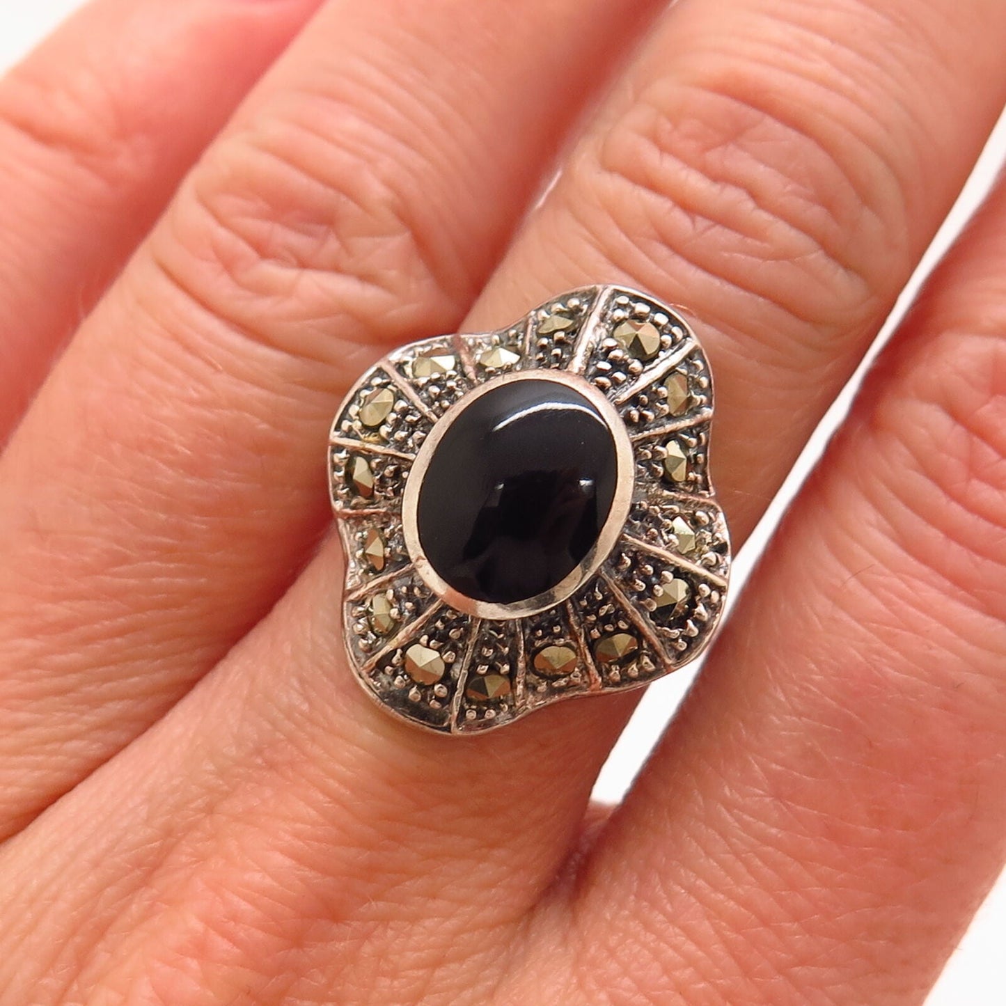 925 Sterling Silver Real Marcasite & Black Onyx Gem Ballerina Ring Size 6