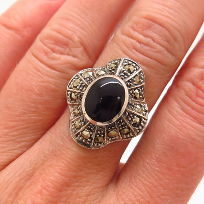 925 Sterling Silver Real Marcasite & Black Onyx Gem Ballerina Ring Size 6