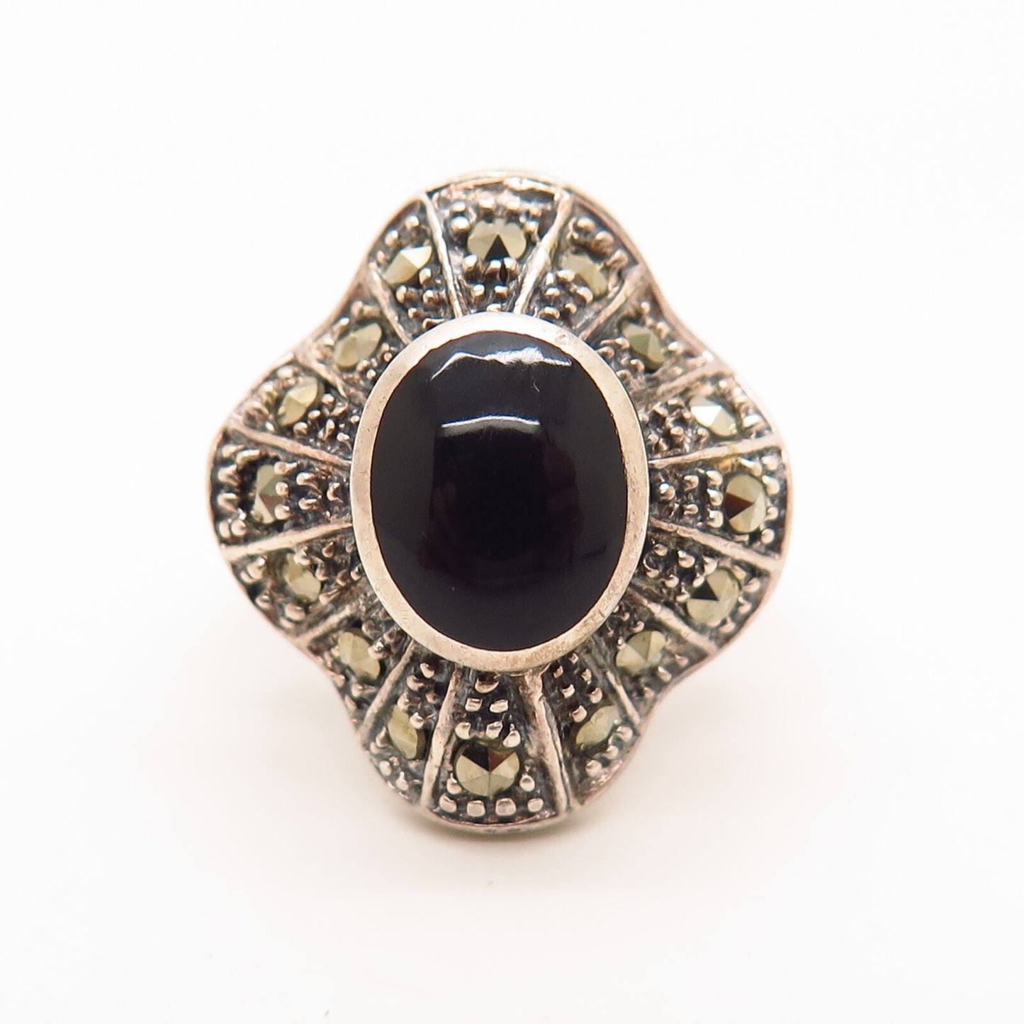 925 Sterling Silver Real Marcasite & Black Onyx Gem Ballerina Ring Size 6