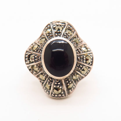 925 Sterling Silver Real Marcasite & Black Onyx Gem Ballerina Ring Size 6