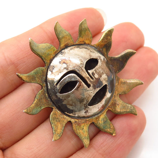 925 Sterling Silver 2-Tone Vintage Mexico Tribal Sun Face Design Pin Brooch