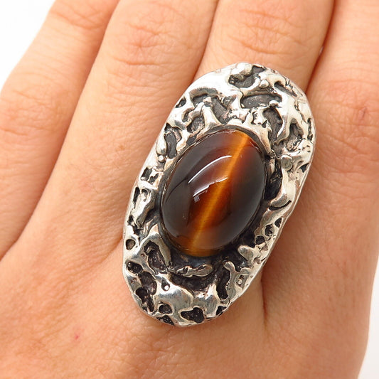 925 Sterling Silver Vintage Real Tiger Eye Gemstone Solid Wide Ring Size 8