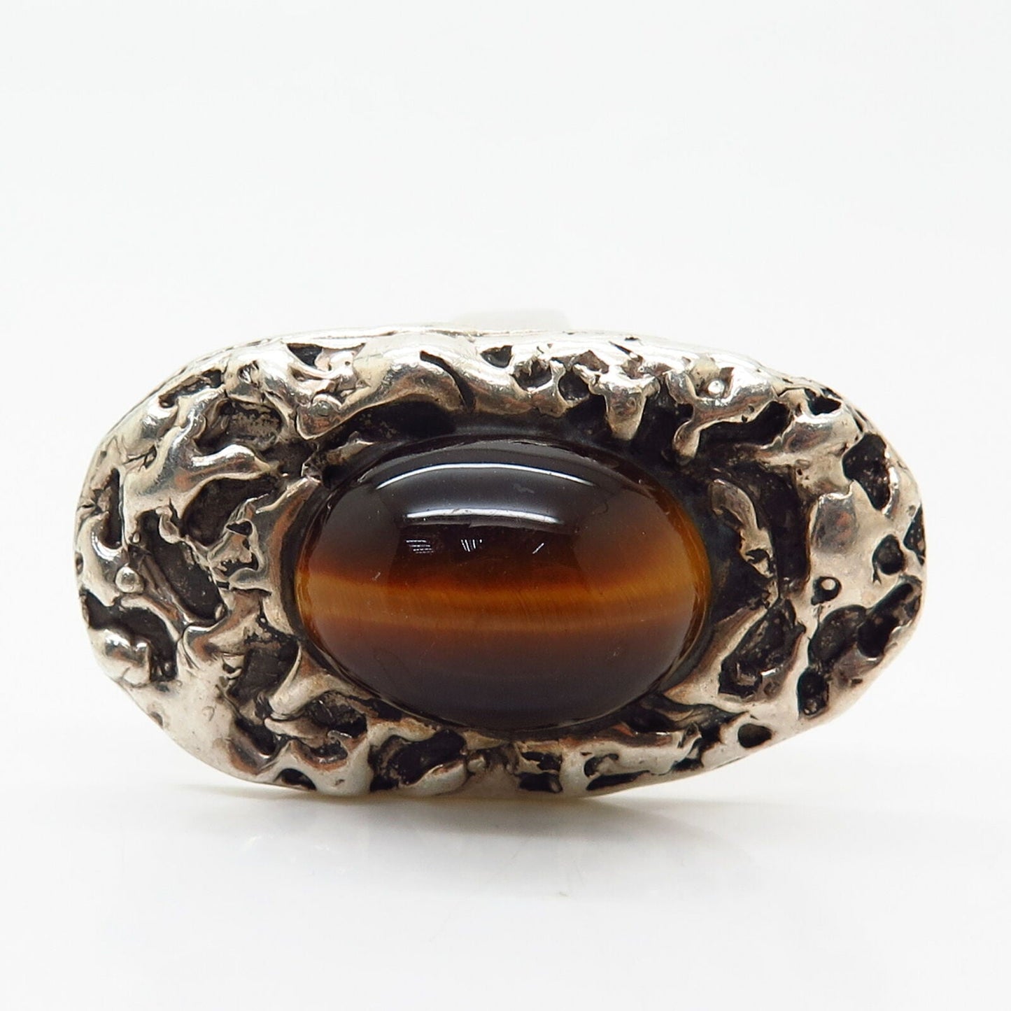 925 Sterling Silver Vintage Real Tiger Eye Gemstone Solid Wide Ring Size 8