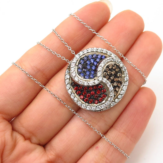 925 Sterling Silver Italy Multi-Color C Z Swirl Pendant Chain Necklace 18"