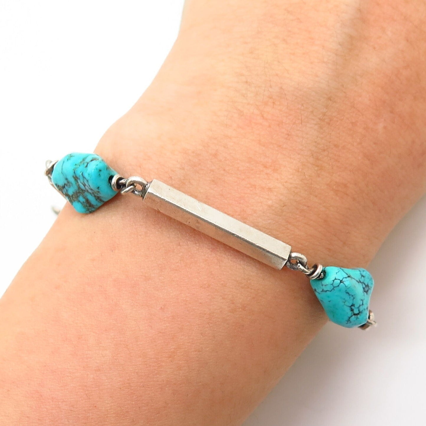 925 Sterling Silver Vintage Real Turquoise Gemstone Bar Link Bracelet 7.5"