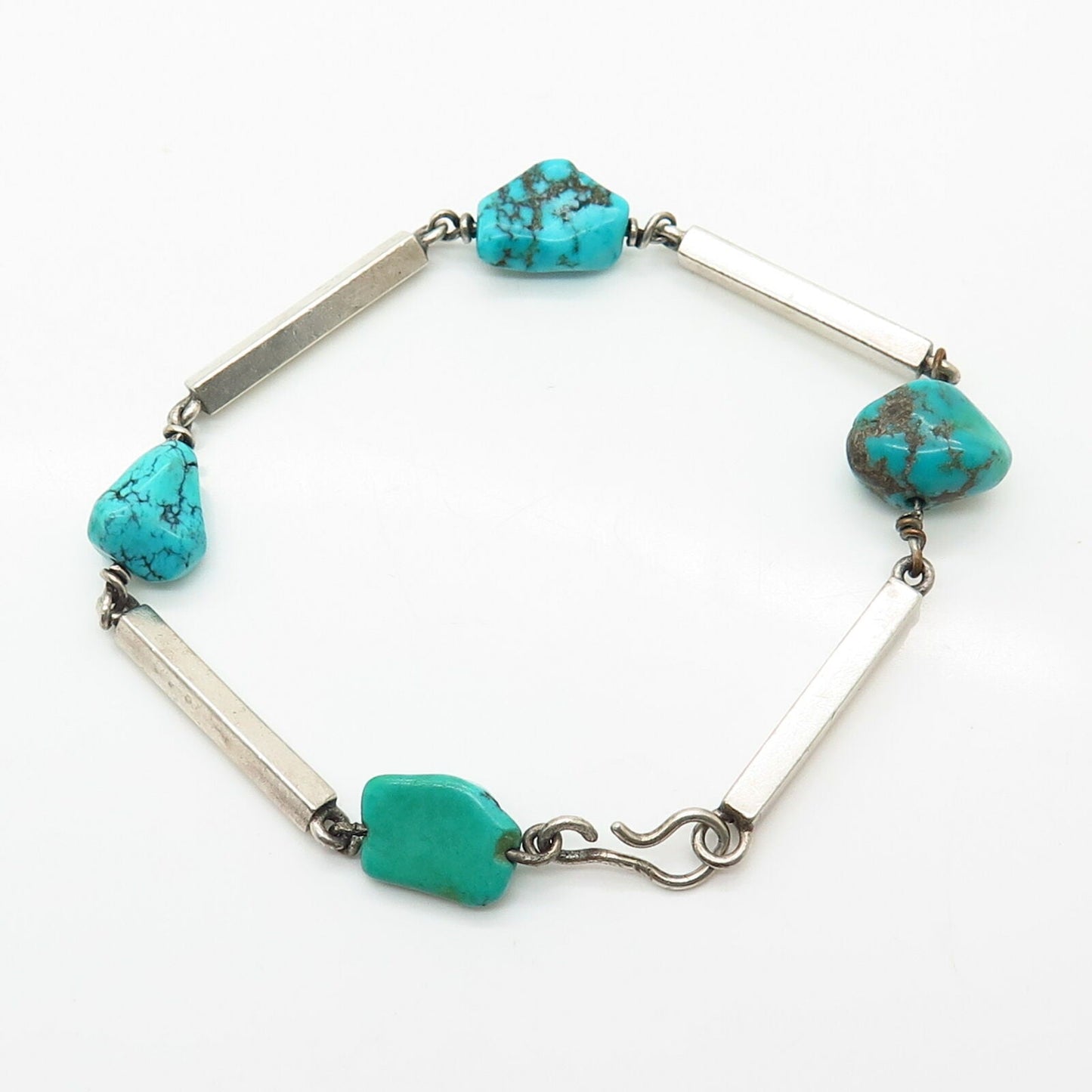 925 Sterling Silver Vintage Real Turquoise Gemstone Bar Link Bracelet 7.5"