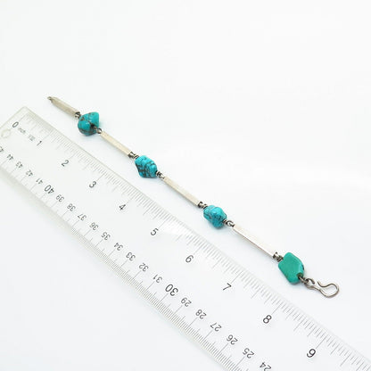 925 Sterling Silver Vintage Real Turquoise Gemstone Bar Link Bracelet 7.5"