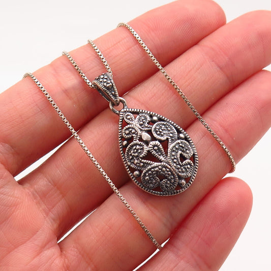 925 Sterling Silver Ornate Design Pendant Box Chain Necklace 17"