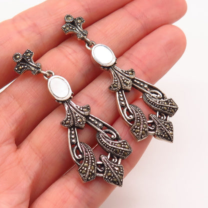 925 Sterling Silver Mother-Of-Pearl & Marcasite Gem Ornate Dangling Earrings