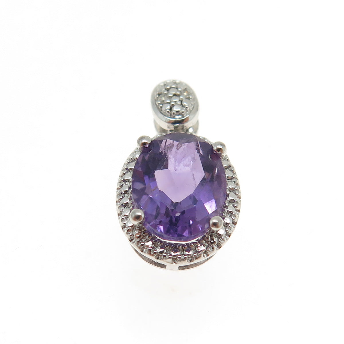 SAI 925 Sterling Silver Real Round-Cut Diamond & Amethyst Minimalist Pendant