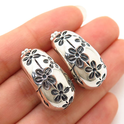 925 Sterling Silver RE Floral Design Half Hoop Earrings