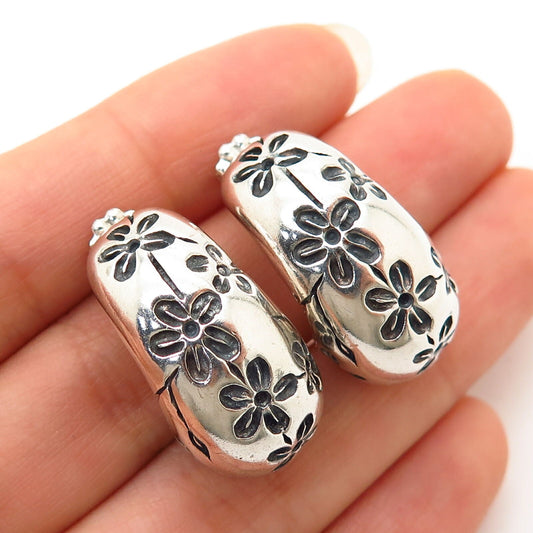 925 Sterling Silver RE Floral Design Half Hoop Earrings