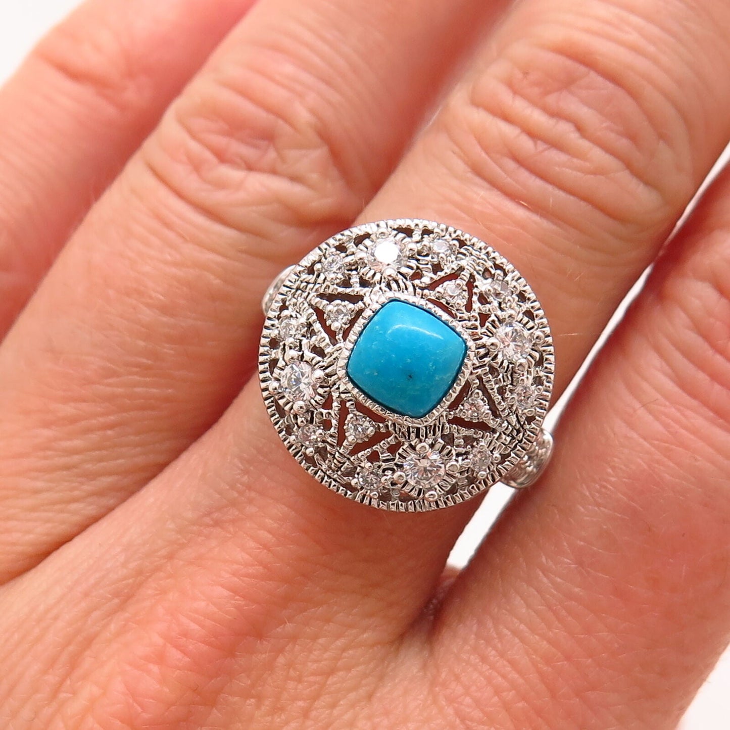 925 Sterling Silver Real Turquoise Gem & C Z Ornate Design Wide Ring Size 6