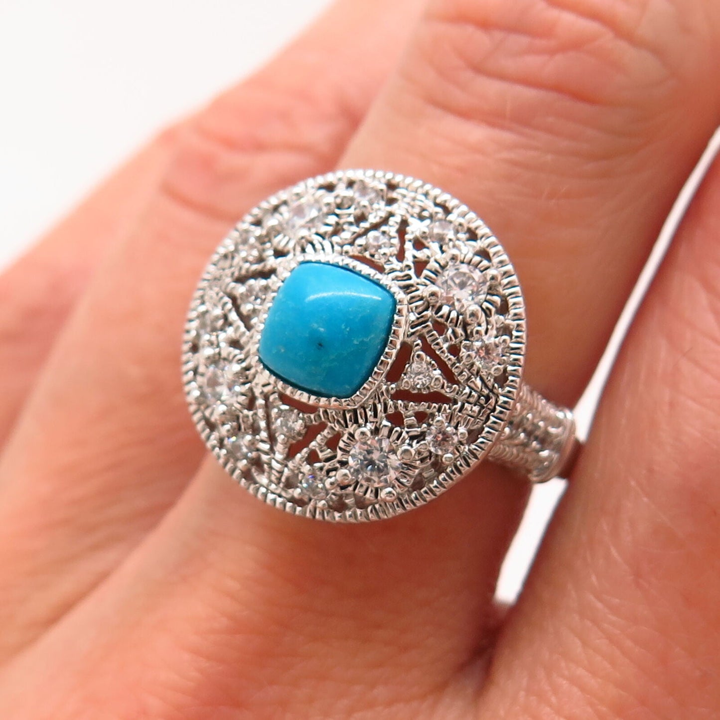 925 Sterling Silver Real Turquoise Gem & C Z Ornate Design Wide Ring Size 6