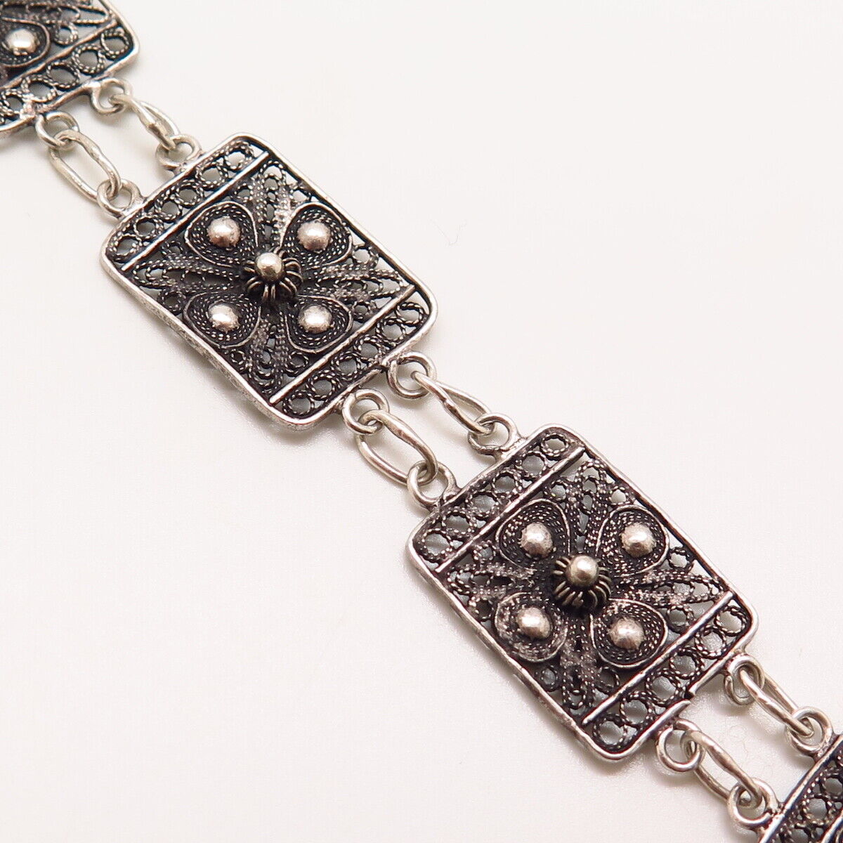 925 Sterling Silver Vintage Filigree Design Panel Link Bracelet 7"