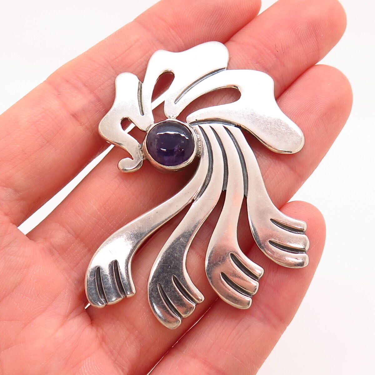 925 Sterling Silver Vintage Mexico Real Amethyst Gem  Abstract Design Pin Brooch