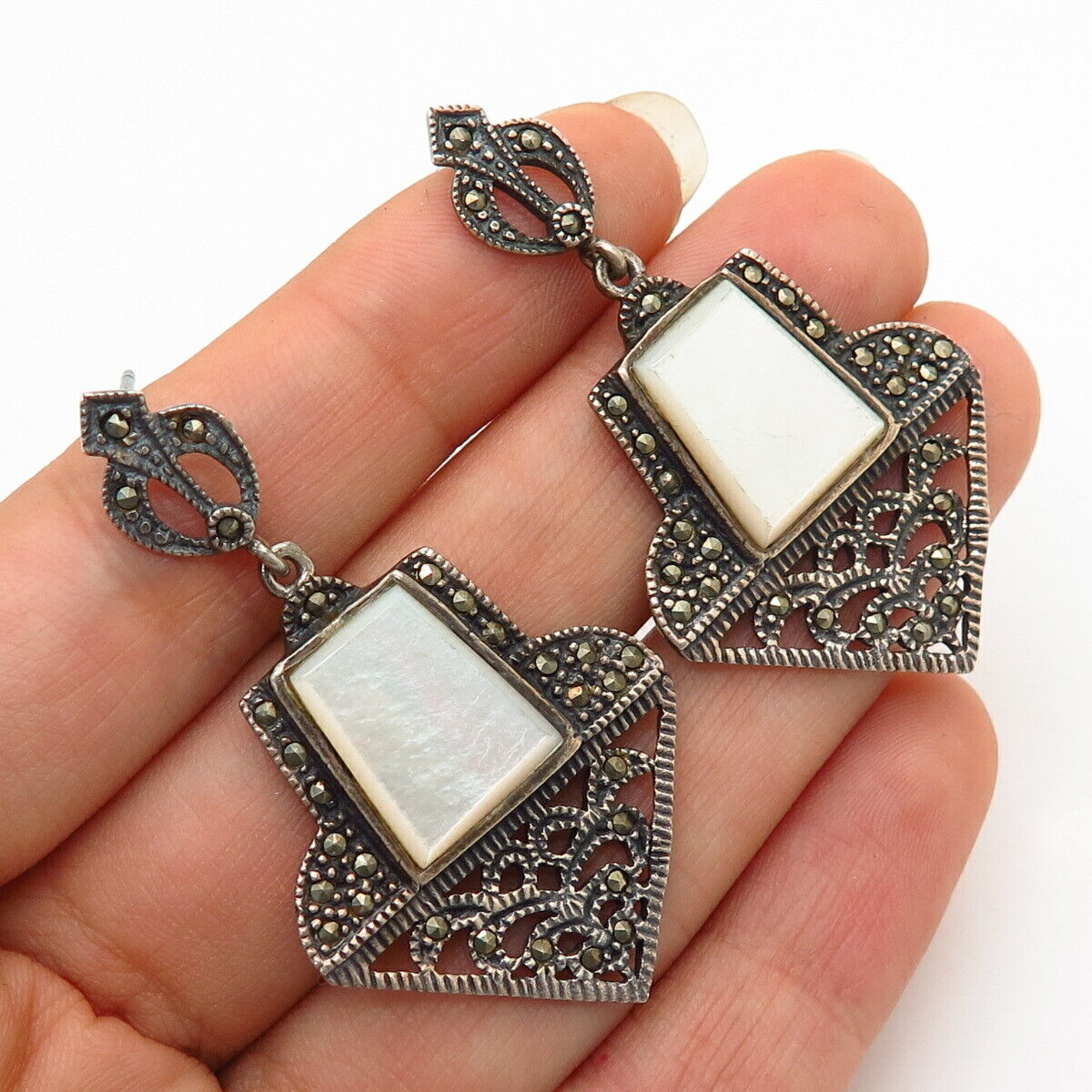 925 Sterling Silver Real Mother-Of-Pearl & Marcasite Gem Drop Earrings