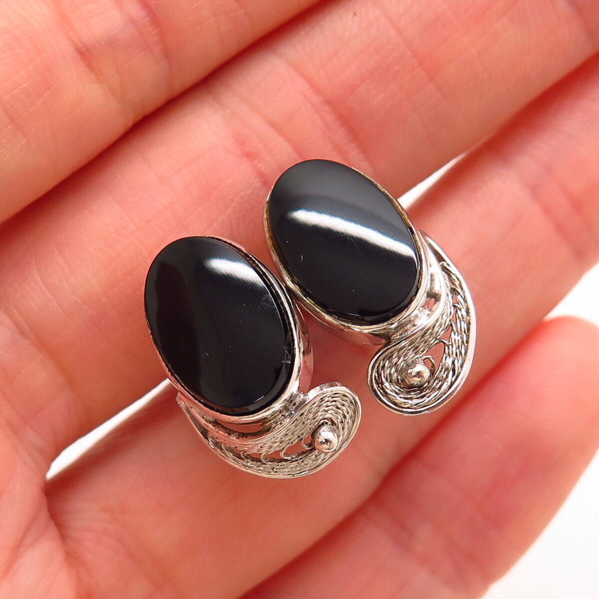 925 Sterling Silver Vintage Van Dell Real Black Onyx Gem Screw Back Earrings