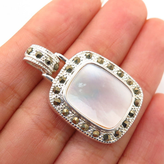 925 Sterling Silver Real Mother-Of-Pearl & Marcasite Gem Square Pendant