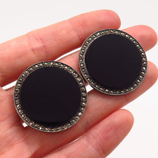 925 Sterling Vintage Art-Deco Marcasite & Black Onyx Gem Round Clip On Earrings