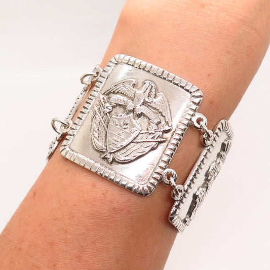 900 Silver Vintage Tribal Gods Design Wide Panel Link Bracelet 7"