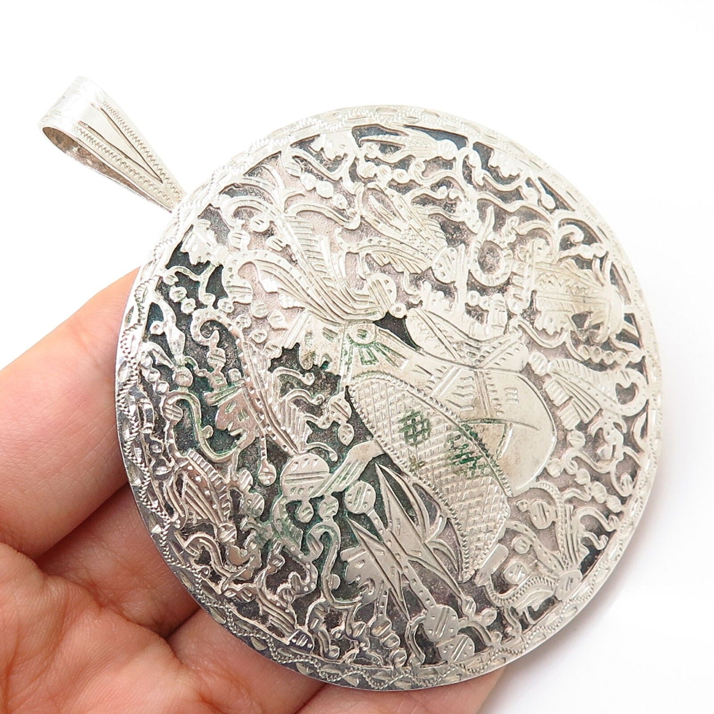 900 Silver Vintage Tribal God Design Round Pin Brooch / Pendant