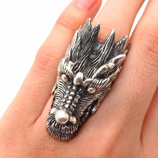 925 Sterling Silver Vintage Movable Dragon Phalanx Ring Size 5 1/4