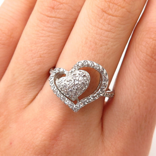 925 Sterling Silver C Z Double Heart Design Ring Size 9