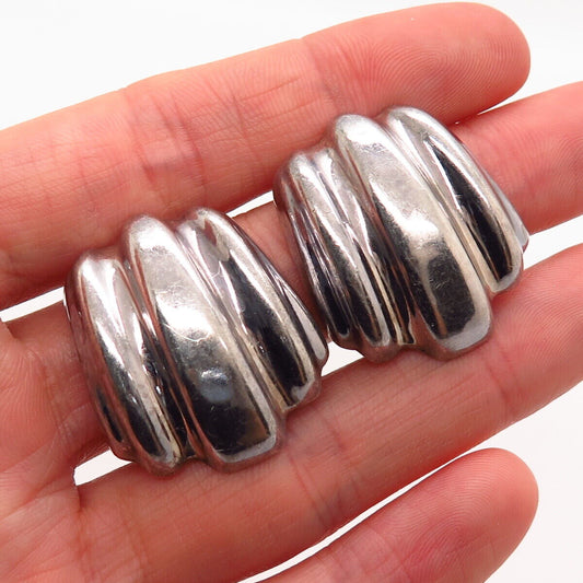 925 Sterling Silver Vintage Mexico Modernist Ribbed Design Clip On Earrings