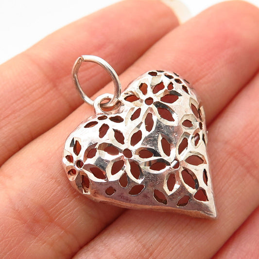 925 Sterling Silver Cutout Floral Design Heart Pendant