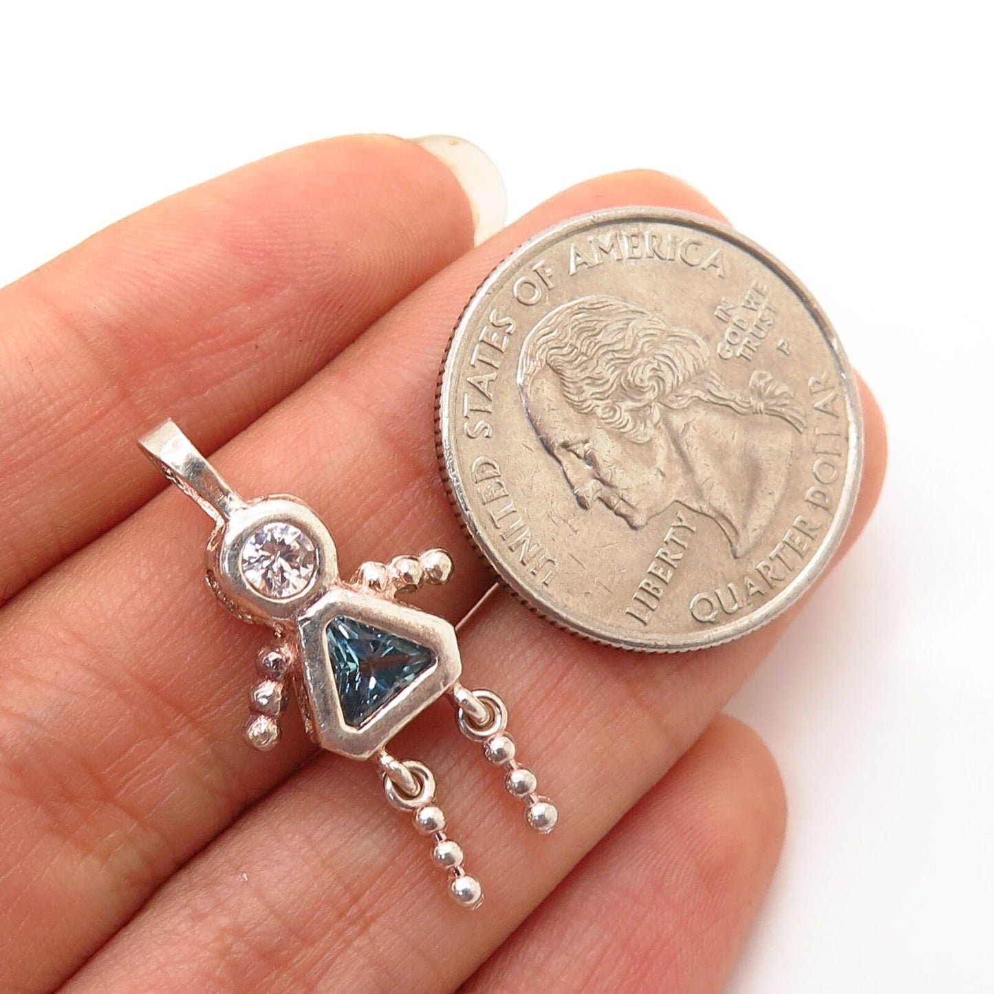 925 Sterling Silver White & Blue C Z Girl Design Articulated Pendant