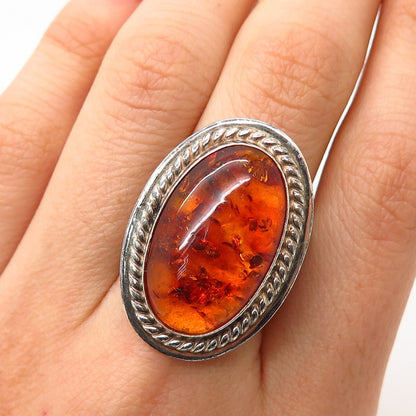 925 Sterling Silver Vintage Jay King Desert Rose Real Amber Wide Ring Size 7 3/4